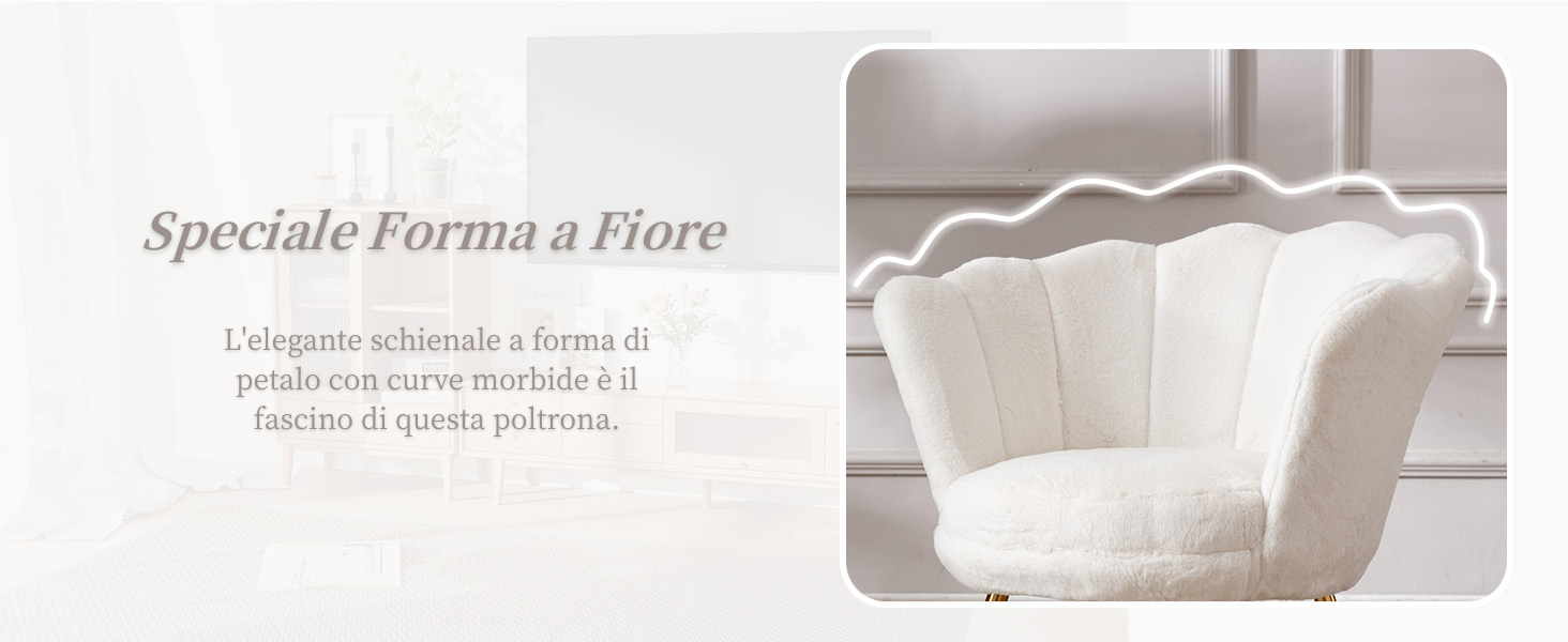 Poltrona bianca con un caratteristico schienale a forma di petalo con bordi curvi. La sedia ha un morbido rivestimento in tessuto testurizzato e un cuscino di seduta arrotondato