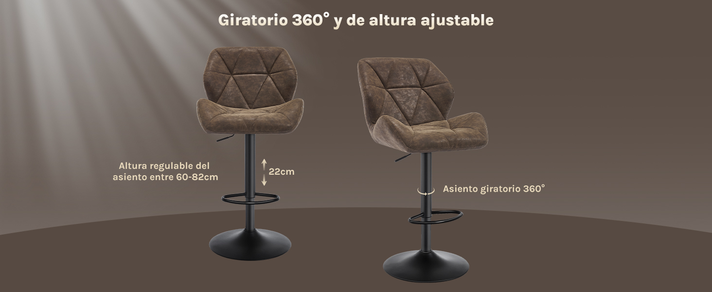 Dos taburetes de bar modernos y ajustables con asientos acolchados geométricos, con capacidad de rotación y ajuste de altura de 360 grados