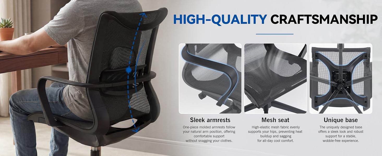 Text reads 'HIGH-QUALITY CRAFTSMANSHIP' with three highlighted features below. Person wearing blue ergonomic office chair showing breathable mesh back, lumbar support, and headrest cushion details.