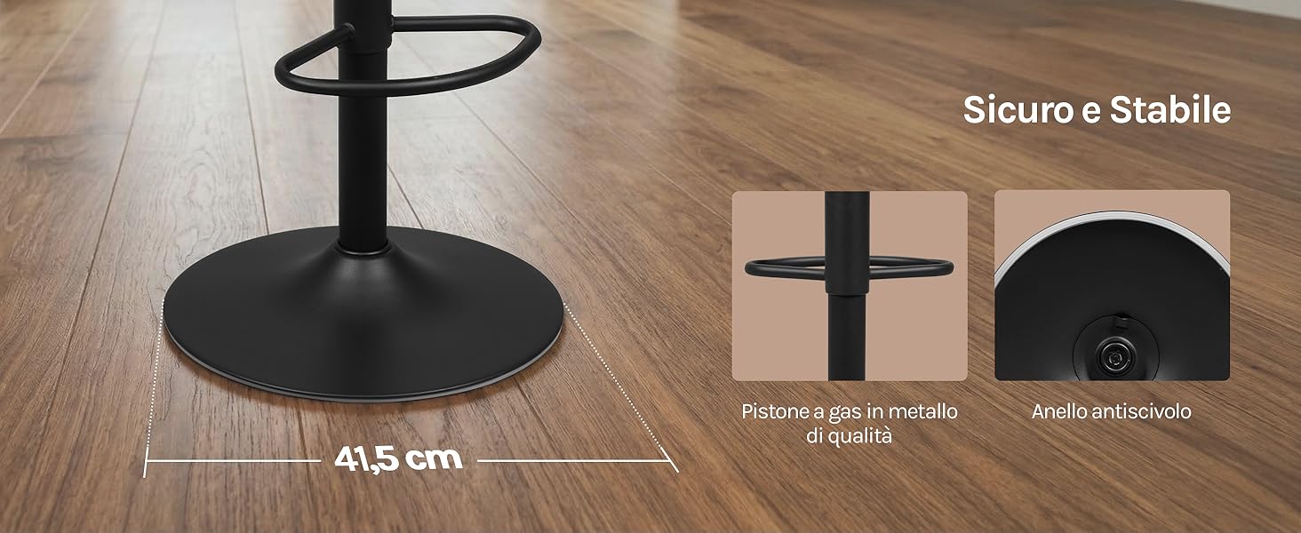 Il testo recita «Sturm &amp; Stable» con base rotonda nera con piedistallo che mostra le dimensioni di 43,5 cm di larghezza e misure, oltre a una visualizzazione dettagliata della funzione di stabilità.