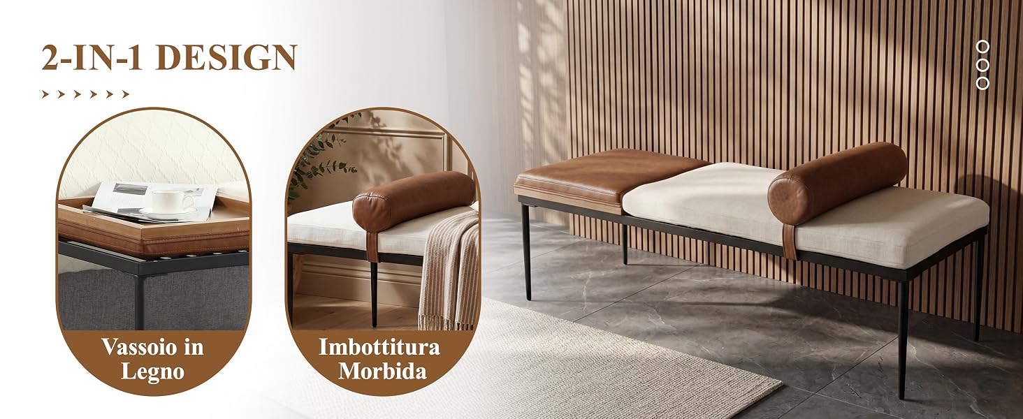 Il testo recita «DESIGN 2-IN-1» con le etichette «Variois Lounge» e «pieghevole/braccio». Mobile imbottito marrone presentato in una camera da letto moderna, che dimostra il design di un divano lettino/chaise convertibile.
