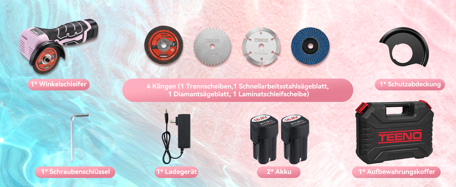 Motorradzubehör auf rosafarbenem Hintergrund, einschließlich Bremsscheibe, Kettenrad, Kette, Gashebel, Batterie, Reifenmessgerät und schwarzer tragbarer Koffer mit Digitalanzeige.