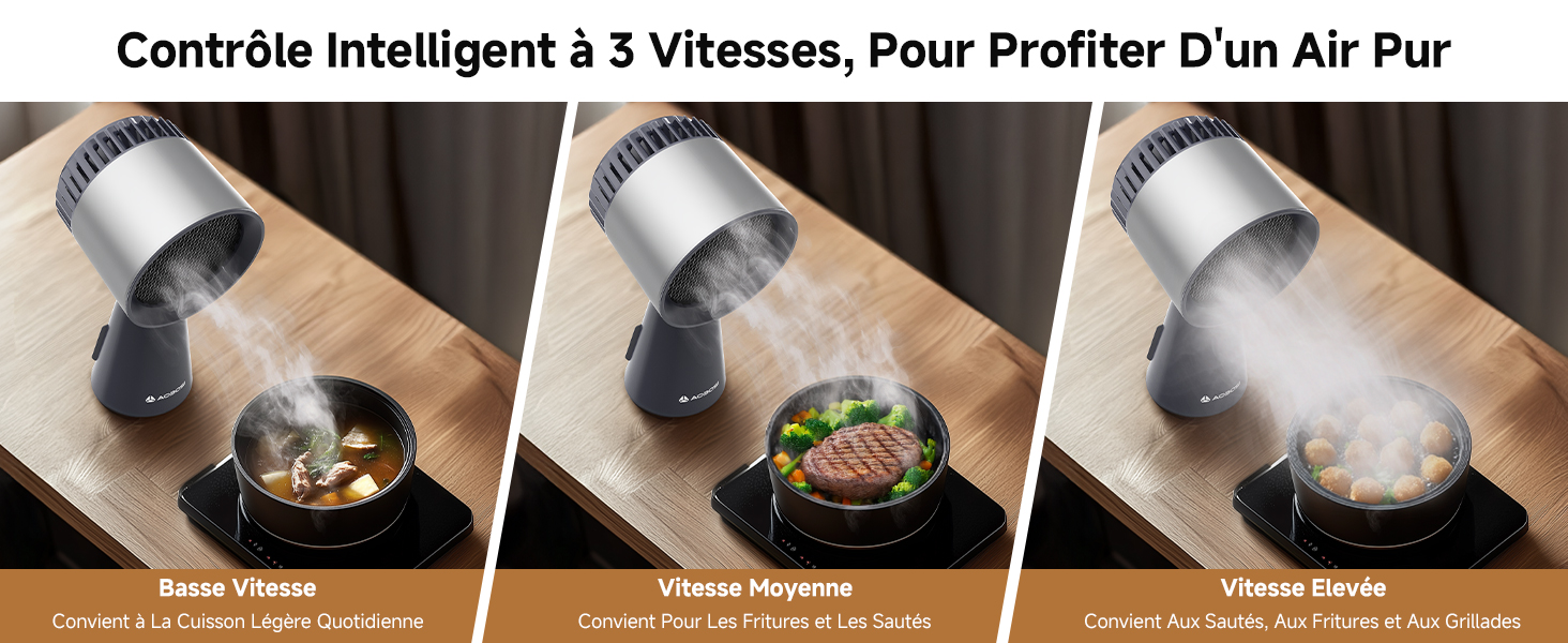 Démonstration en trois panneaux d'un appareil à vitesses réglables montrant les étapes de préparation des aliments : épices crues, légumes verts et vapeur provenant des ingrédients