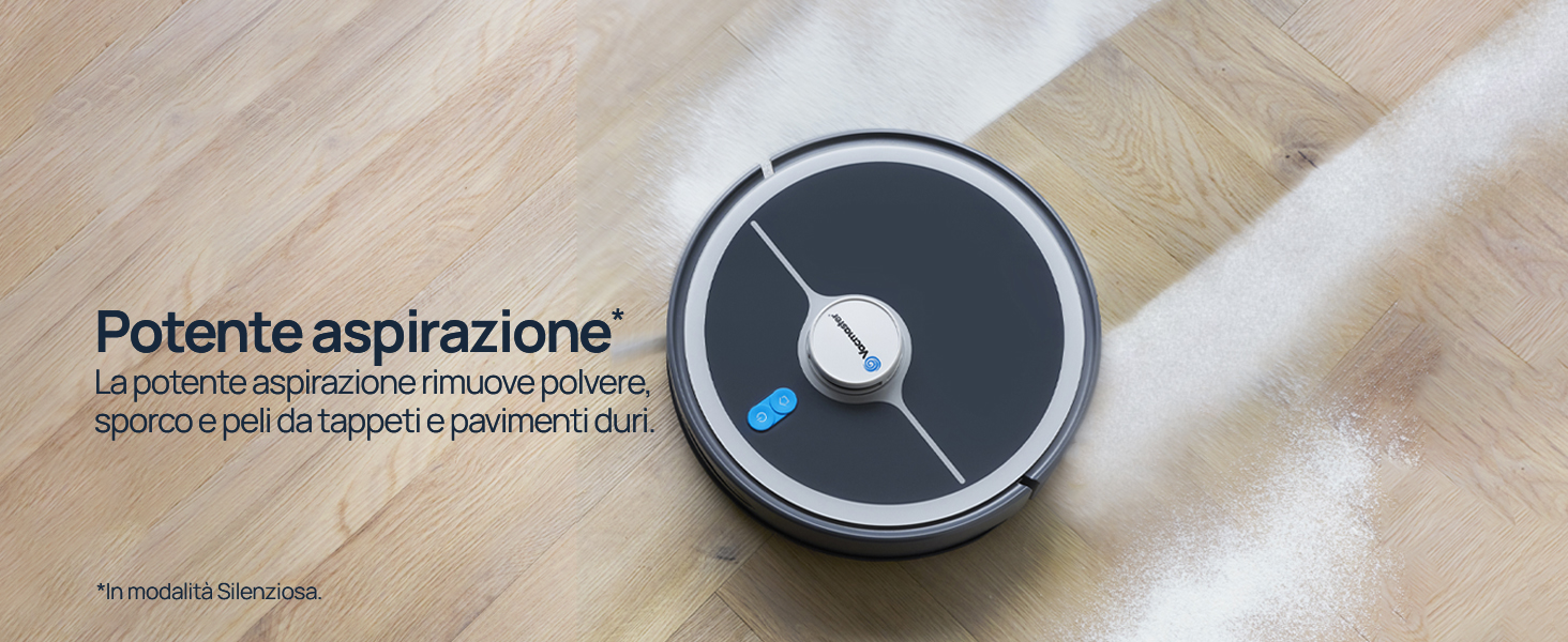Il testo recita «Potente aspirazione» e «La pulizia intelligente della casa inizia qui con l'aspirapolvere portatile di oggi». Ventola circolare o componente del motore con centro scuro e pale dell'elica grigio/argento su una superficie chiara.