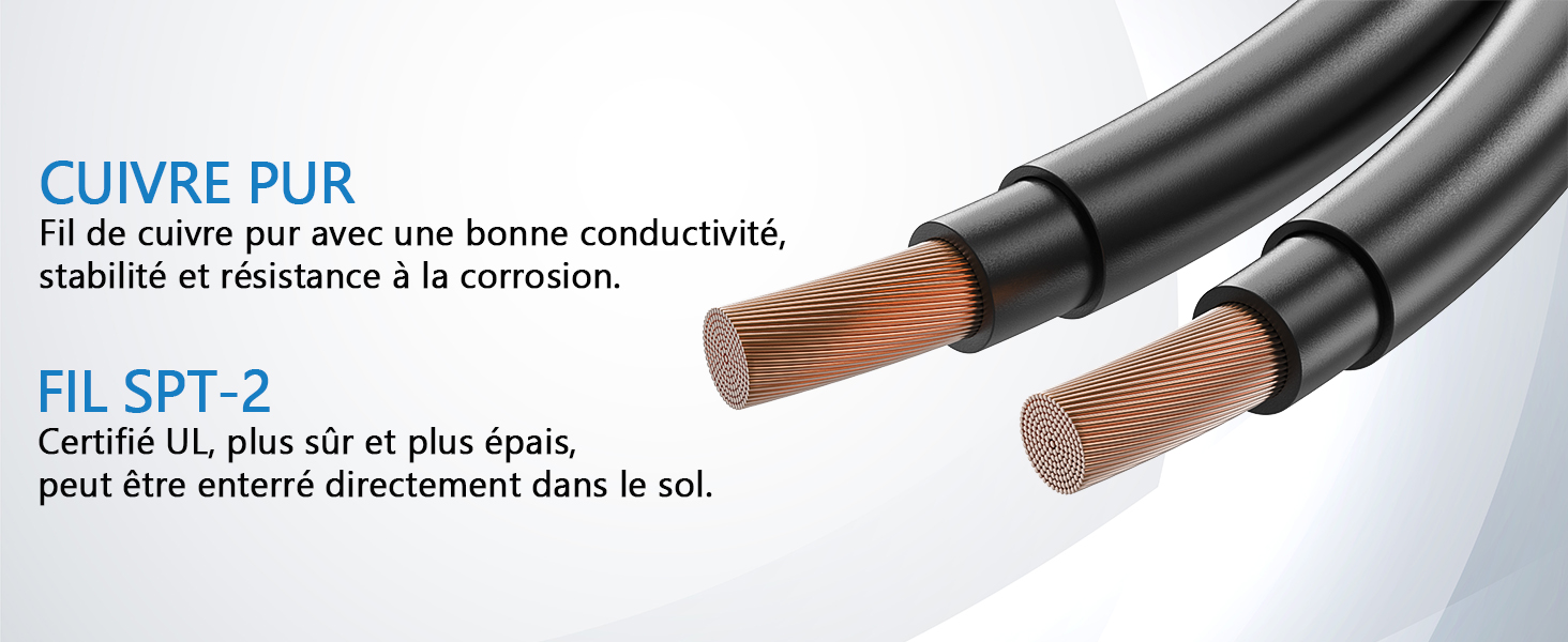 Le texte indique « CUIVRE PUR FIL COAXIAL ». Images rapprochées de composants de câbles coaxiaux en cuivre montrant la structure interne des fils et leurs connexions.