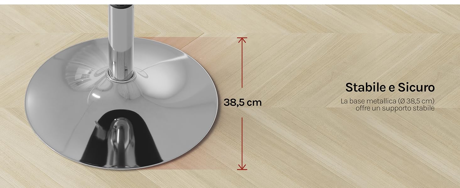 Testo: 'Stabile e Sicuro', '45,5 cm'.
[SENTENCE 8] Diagramma tecnico che mostra le misure e le specifiche di una base da tavolo o di un supporto circolare con finitura metallica.