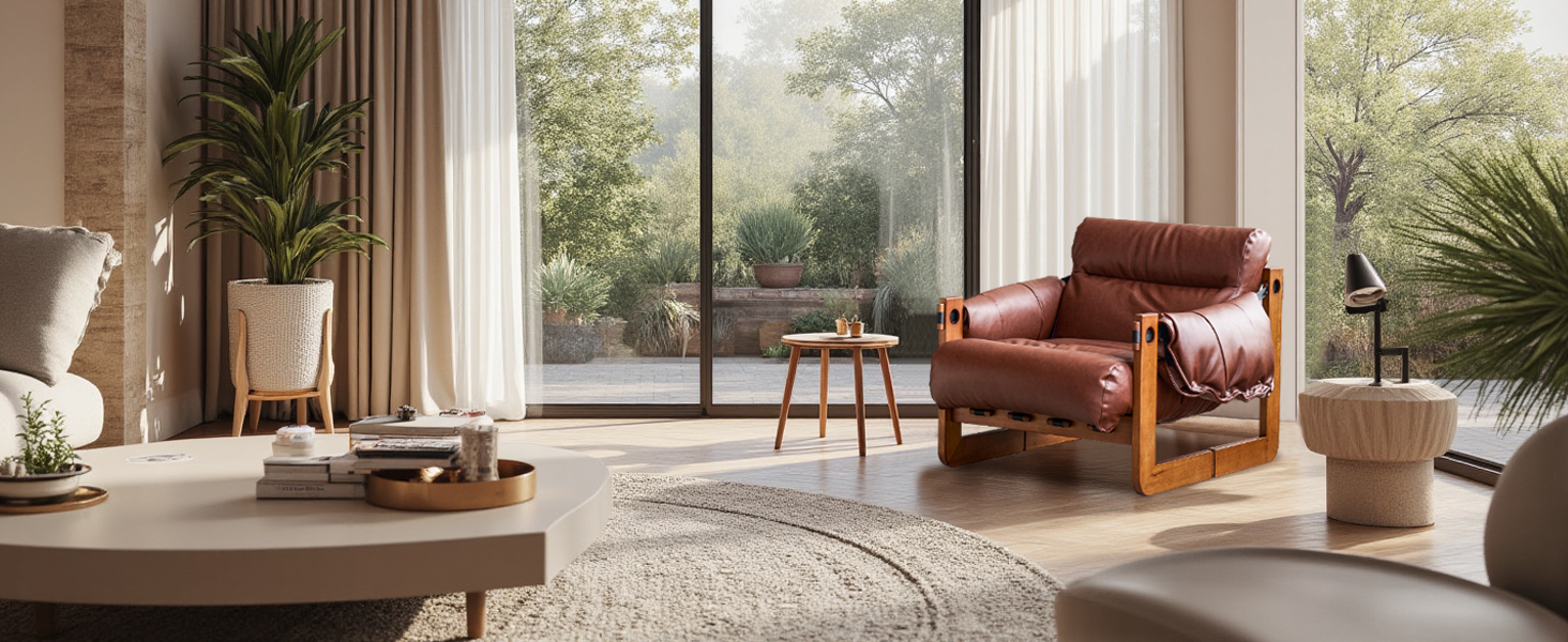 Intérieur de salon moderne avec de grandes fenêtres, un fauteuil en cuir, des plantes en pot et un éclairage naturel.