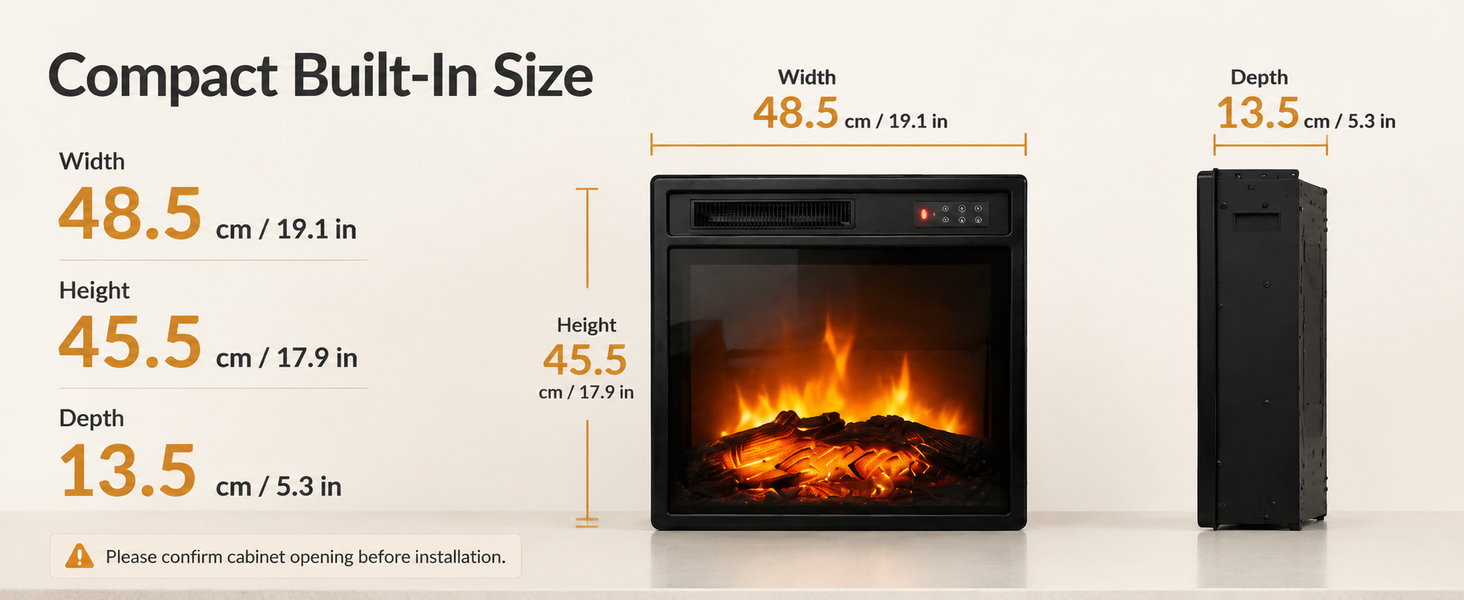 Text reads 'Compact Built-In Size' with dimensions: Width 48.5 cm/19.1 in, 45.5 cm/17.9 in; Depth 48.5 cm/19.1 in; Height 13.5 cm/5.3 in. Black electric fireplace insert with orange flame effect and realistic fire display shown with measurement overlay.