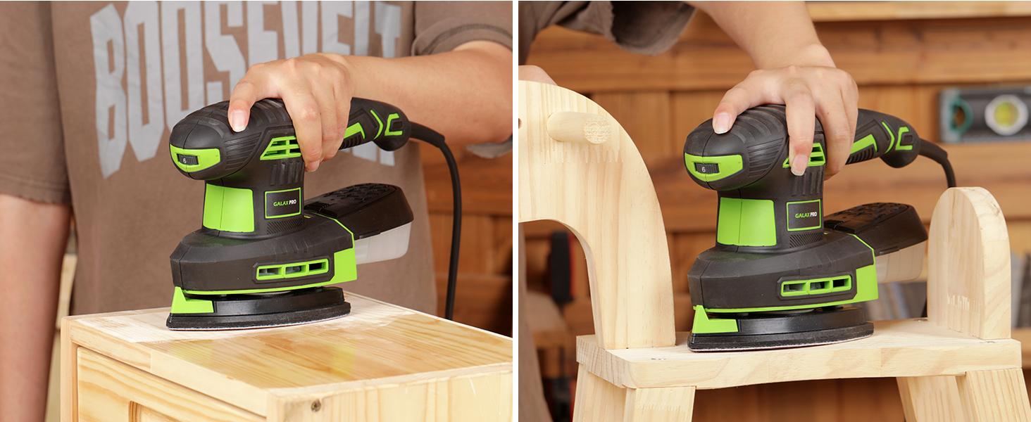Two side-by-side images showing a green power sander being used on wooden surfaces, demonstrating sanding operation.