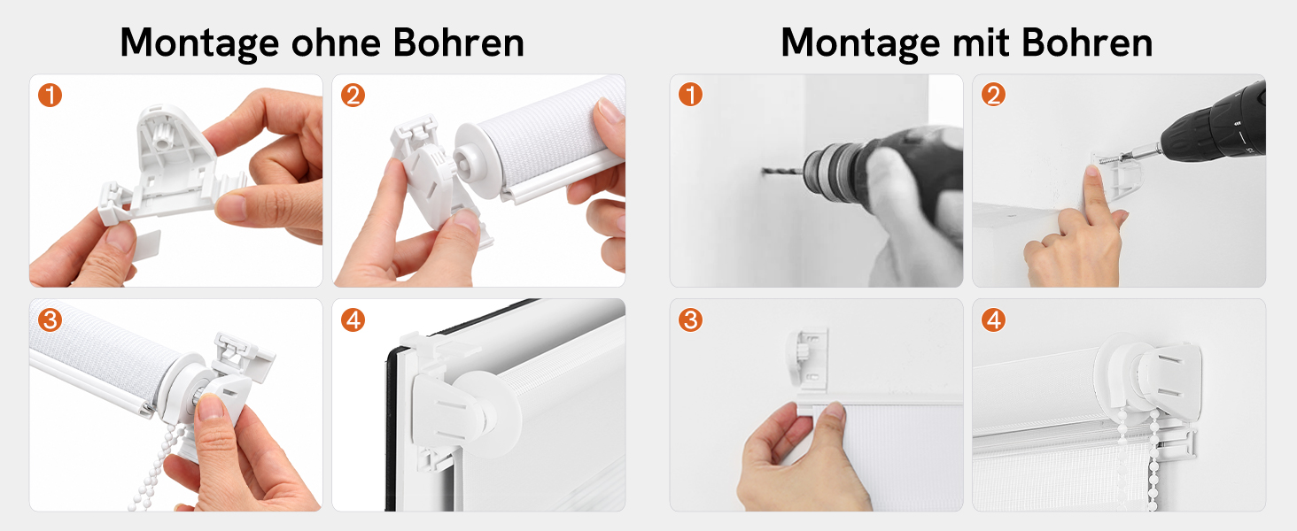 Der Text lautet „Montage ohne Bohren“ und „Montage mit Bohren“. Das sechsteilige Anleitungsdiagramm zeigt die Installationsschritte sowohl ohne als auch mit Bohren, einschließlich Handvorführungen und Montageteilen.