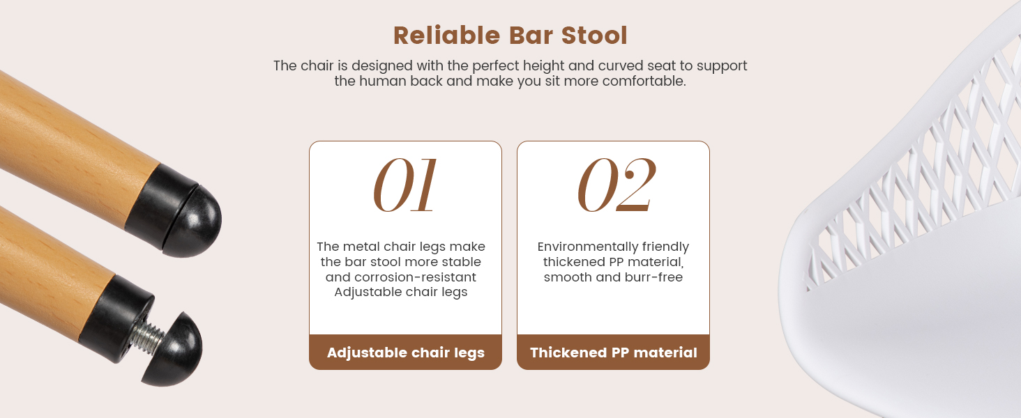 Le texte indique « Tabouret de bar fiable », « 01 », « 02 ». Schéma du produit montrant les composants du tabouret de bar réglable avec pieds en bois et détails de siège noirs.