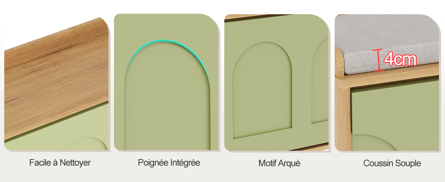 Quatre échantillons de profilés de cadre de porte étiquetés « Rustic Melamin », « Pergola Impreza », « Mint Asol », « Coastal Tocail » présentant différentes finitions et couleurs de bois.
