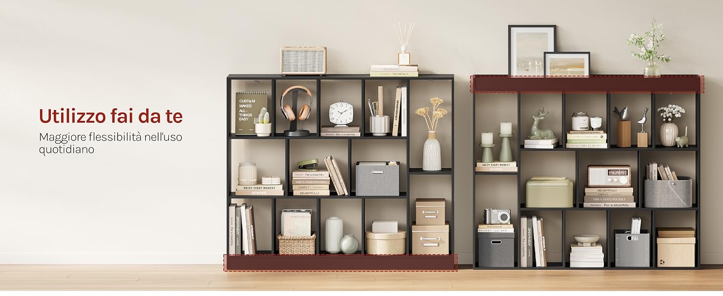 Il testo recita «Utilizzo fai da te» e «scaffale modulare». Scaffale modulare a parete con più scomparti che espongono libri, oggetti decorativi e scatole portaoggetti nei toni del beige/naturali.
