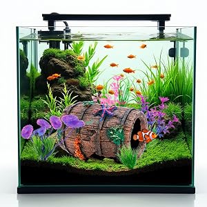Series of aquarium setups featuring decorative logs, purple coral formations, green aquatic plants, and orange fish swimming in clear rectangular tanks with natural-looking aquascaping.