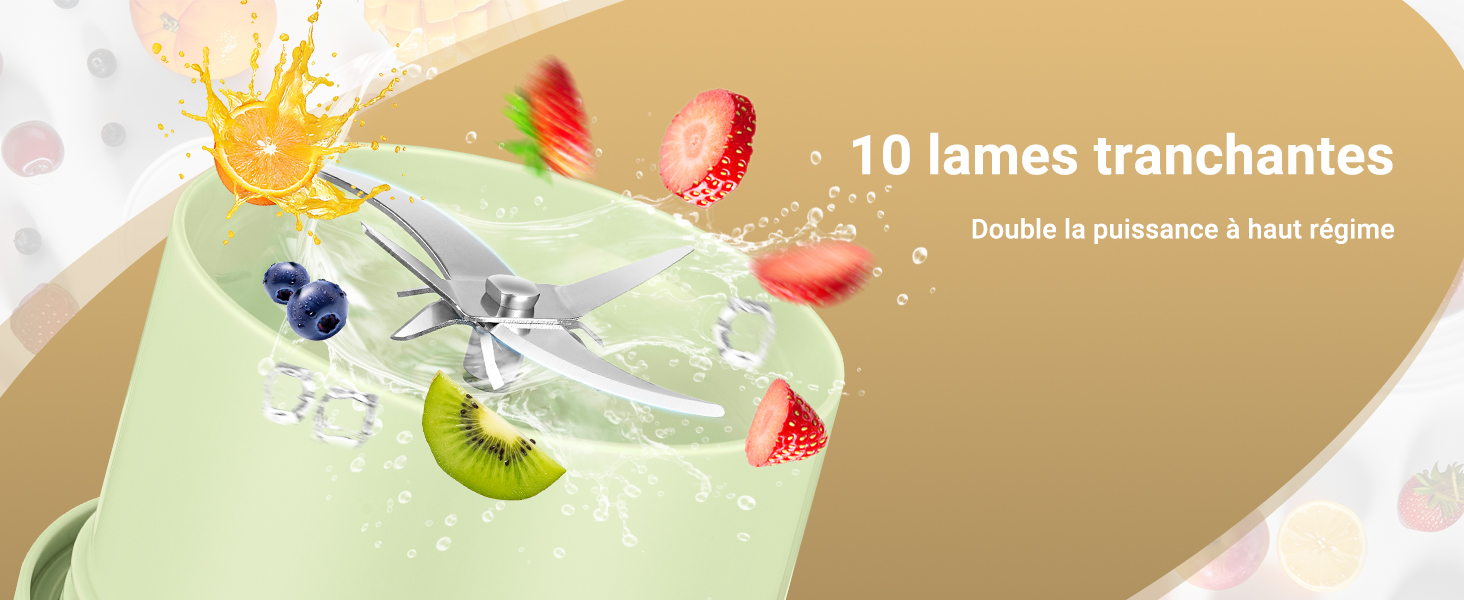 de Blender montrant « 10 lames tranchantes » (10 lames tranchantes) avec des effets d'éclaboussures de fruits, notamment des fraises, des kiwis et des