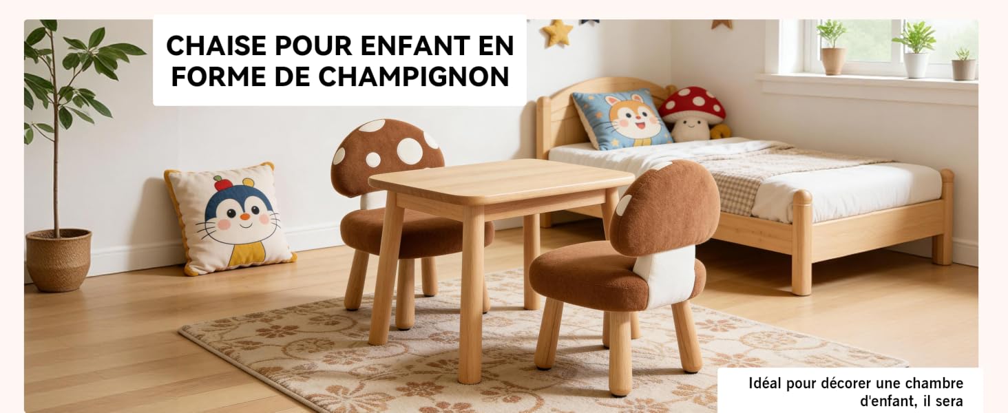 Le texte se lit comme suit : « CHAISE POUR ENFANT EN FORME DE CHAMPIGNON ». Cette chambre pour enfants comprend une chaise en forme de champignon et des meubles en bois sur des murs blancs.