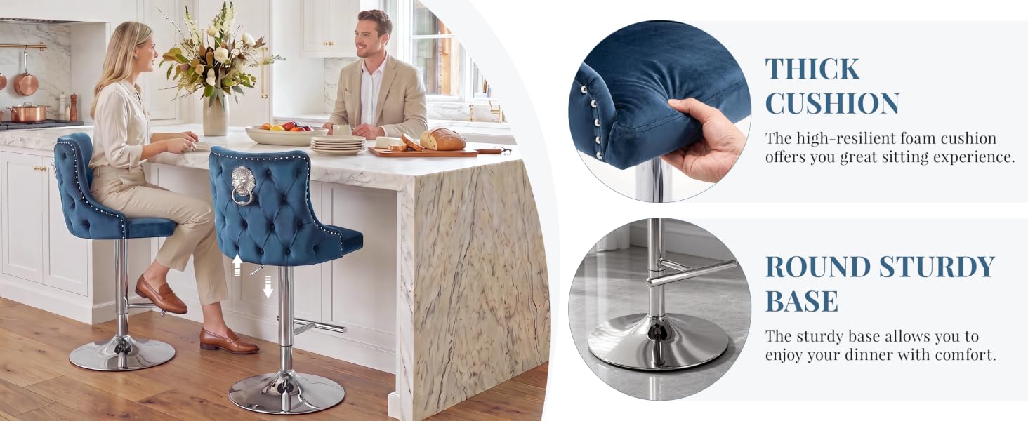 Text reads 'THICK CUSHION' and 'ROUND STURDY BASE'. Dining furniture setup showing blue upholstered chairs with beige tablecloth, demonstrating comfortable seating with cushioned support and stable base design.
