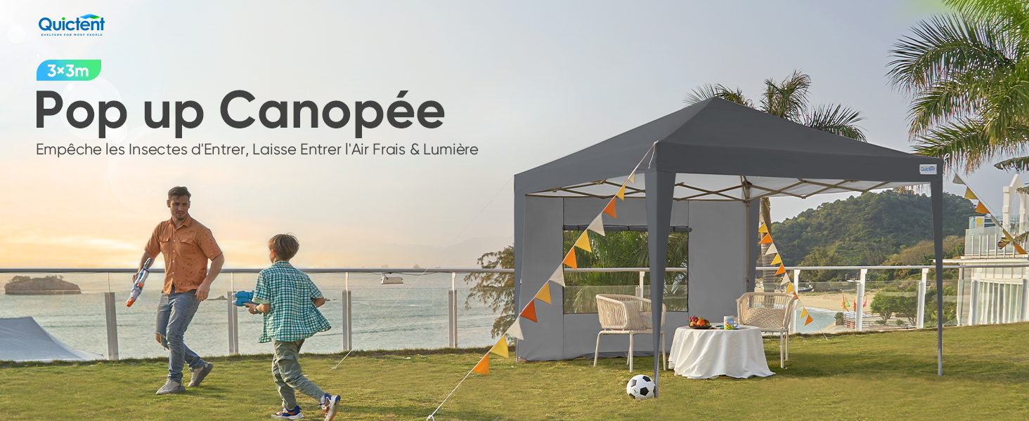 Le texte indique « Pop up Canopée ». Scène extérieure montrant une grande tente à baldaquin gris installée sur l'herbe avec des gens qui jouent et se rassemblent autour d'elle.