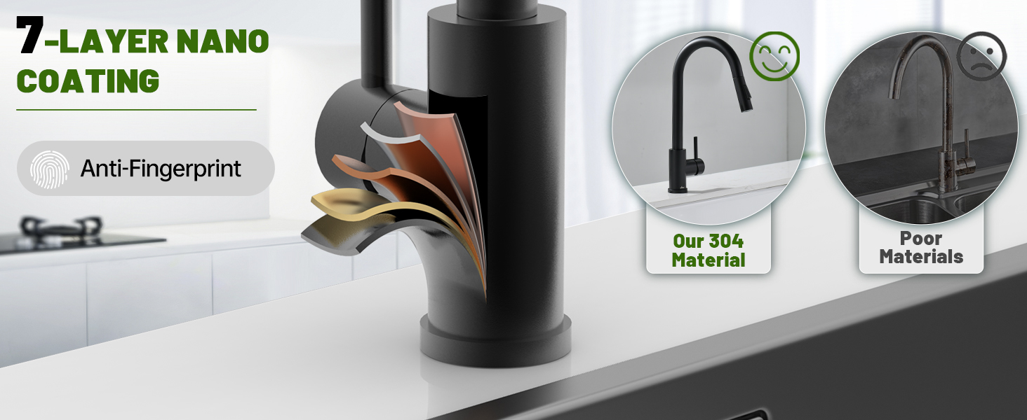 Black kitchen faucet with 7-layer nano coating, anti-fingerprint feature. Made of 304 material with matte finish. Inset images show faucet details and installation.