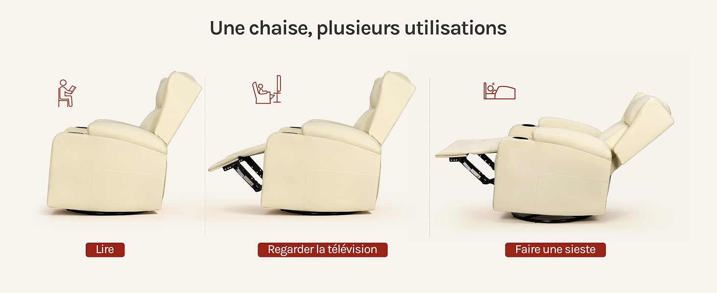 Le texte se lit comme suit : « Une chaise, plusieurs utilisations ». Trois fauteuils inclinables de couleur crème présentés dans différentes positions démontrant la fonctionnalité d'inclinaison, de la position verticale à la position complètement inclinée.