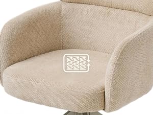 Chaise pivotante ronde rembourrée de couleur beige/crème avec tissu texturé tissé et logo circulaire central sur le coussin de siège.