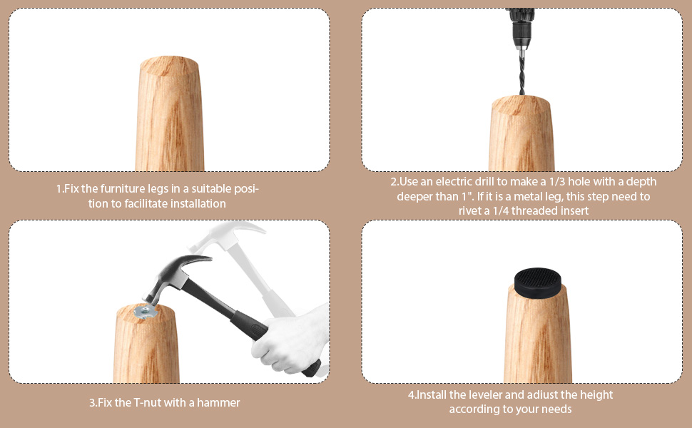 Four-panel instruction guide for installing a wooden post. Shows drilling, hammering, and fitting a black cap on top of a cylindrical wooden post.