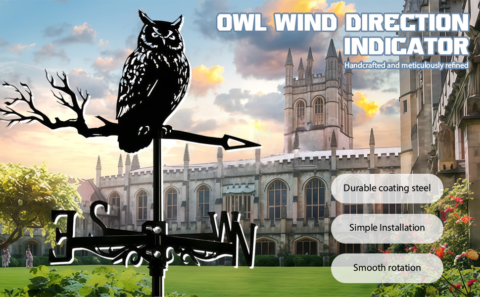 Le texte indique « INDICATEUR DE DIRECTION DU VENT OWL ». Trois panneaux représentant une girouette en silhouette de hibou sur fond d'architecture gothique et de ciel couchant.