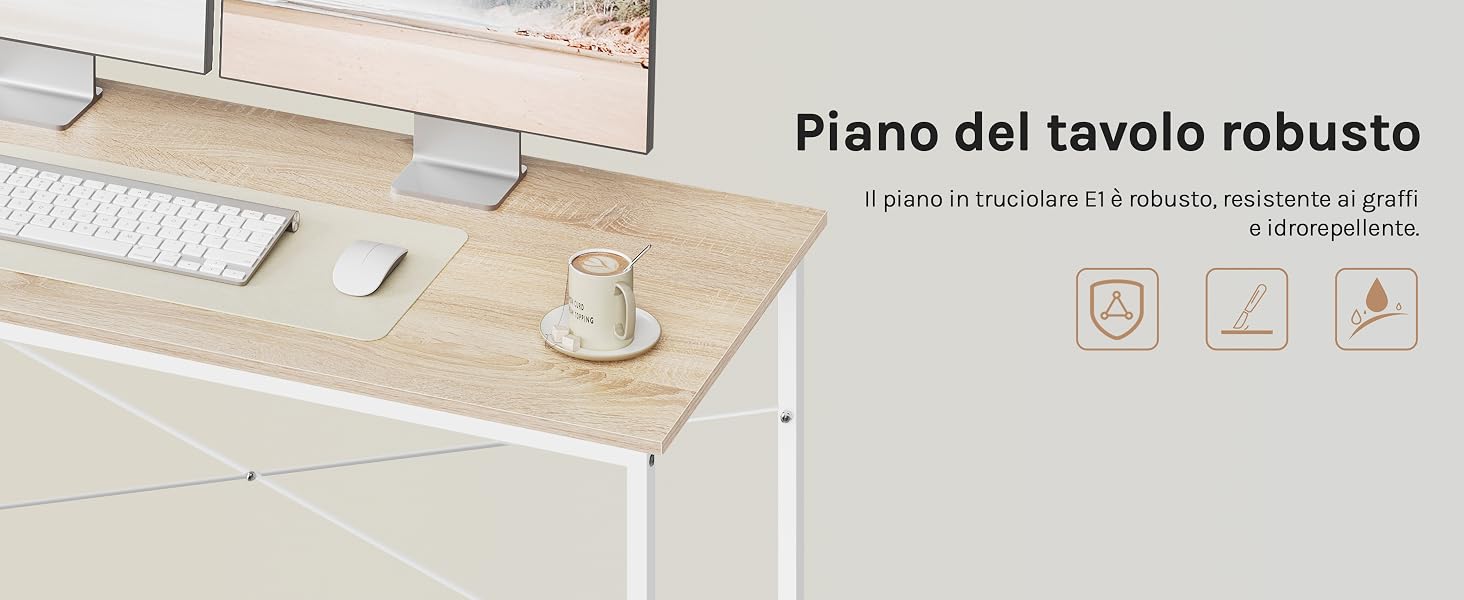 Scrivania o tavolo in legno con tastiera e vetro, che evidenzia la struttura robusta e il design minimalista