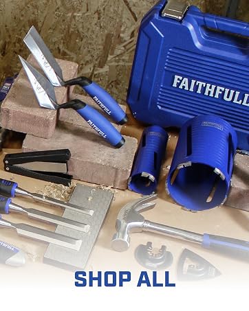 Text reads 'SHOP ALL'. Multiple views of blue power tools and construction equipment laid out on concrete surface.