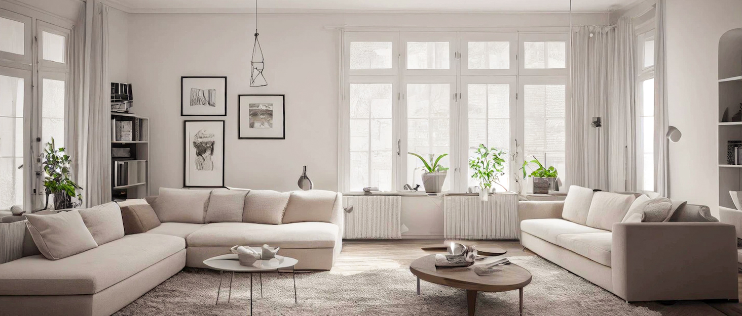 Spacious, bright living room with large windows, white walls, and hardwood floors. Features a sectional sofa, plants, and framed artwork, creating a modern and airy atmosphere.