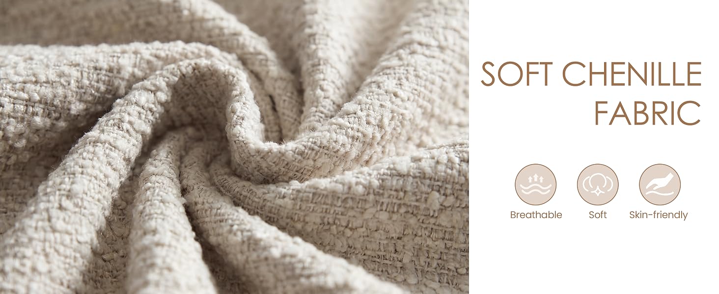 Text reads 'SOFT CHENILLE FABRIC'. Close-up views of textured beige fabric material showing plush, soft texture pattern.