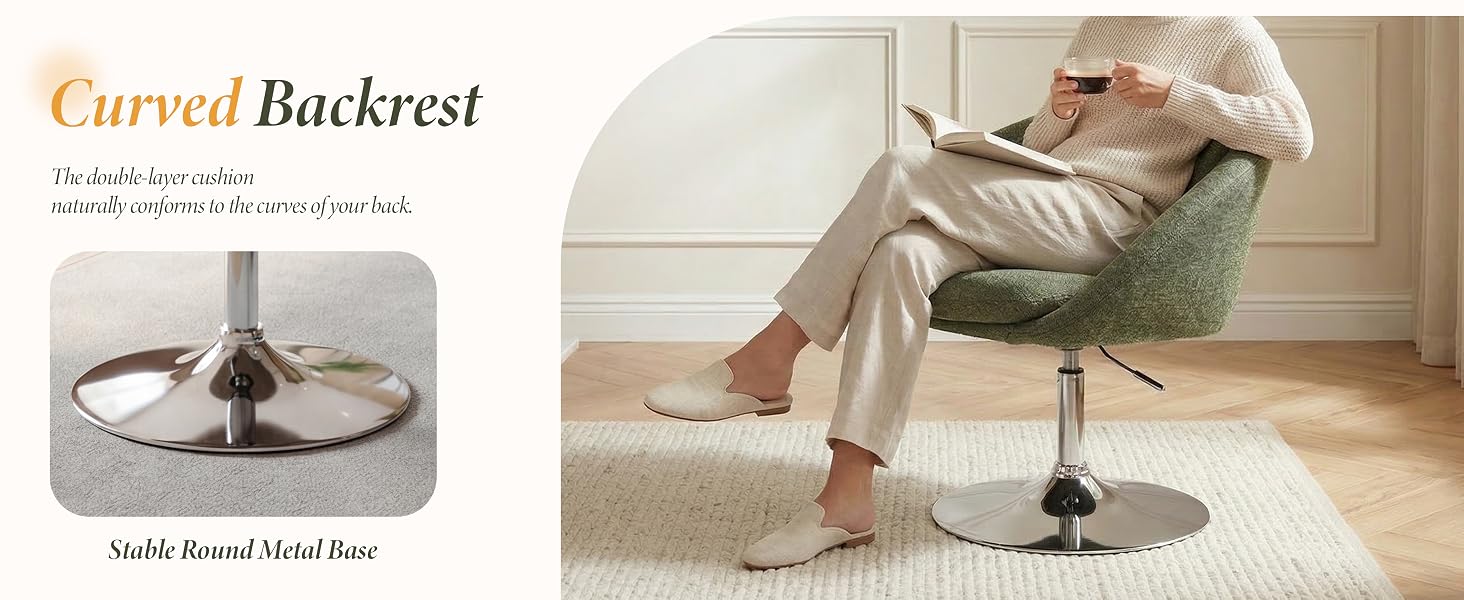 Text reads: 'Curved Backrest'. Product advertisement showing office chair in two views - isolated product shot and lifestyle image of person seated in the chair.