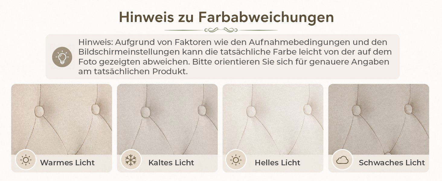 Der Text lautet „Hinweis zu Farbweichungen“ mit deutschem Text, der Farbvariationen erklärt. Es werden vier Farbmuster für Stoffe angezeigt: „Warmes Licht“ (warmes Licht), „Kaltes Licht“ (kaltes Licht), „Helles Licht“ (helles Licht) und „Schwaches Licht“ (schwaches Licht). Sie zeigen Unterschiede in der Farbdarstellung unter verschiedenen Lichtverhältnissen.