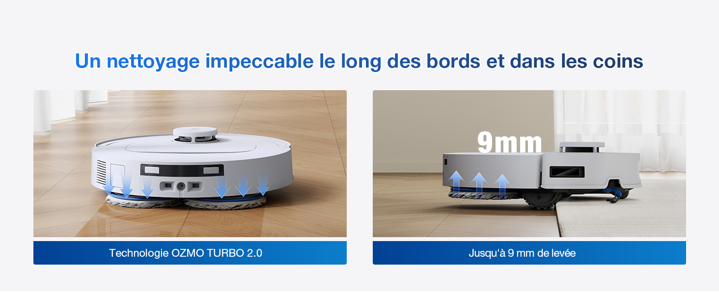 Le texte se lit comme suit : « Un nettoyage impeccable le long des bords et dans les coins ». Deux images du produit sont affichées : l'appareil gauche étiqueté « NETTOYAGE COIN/ASPIRATEUR » et l'appareil droit étiqueté « MODE NORMAL ». Appareils de nettoyage robotisés affichés sur fond blanc.