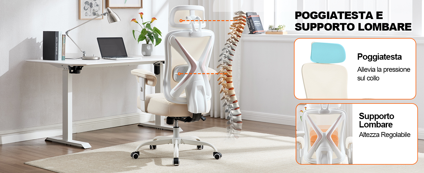 Il testo recita 'POGGIATESTA E SUPPORTO LOMBARE'. Scrivania regolabile in altezza con sedia ergonomica e laptop, con diagramma che mostra le caratteristiche del supporto lombare e del poggiatesta.