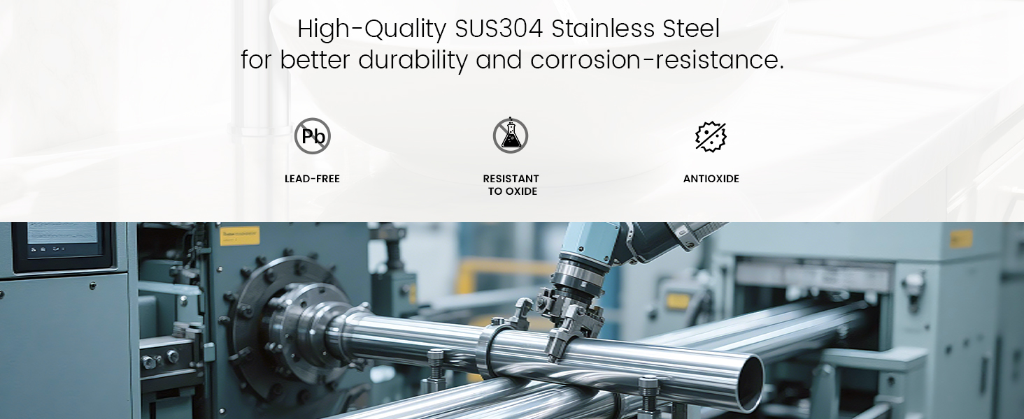 Text reads 'High-quality sus304 stainless steel for solid durability and corrosion resistance'. Industrial manufacturing process images showing stainless steel production line.
