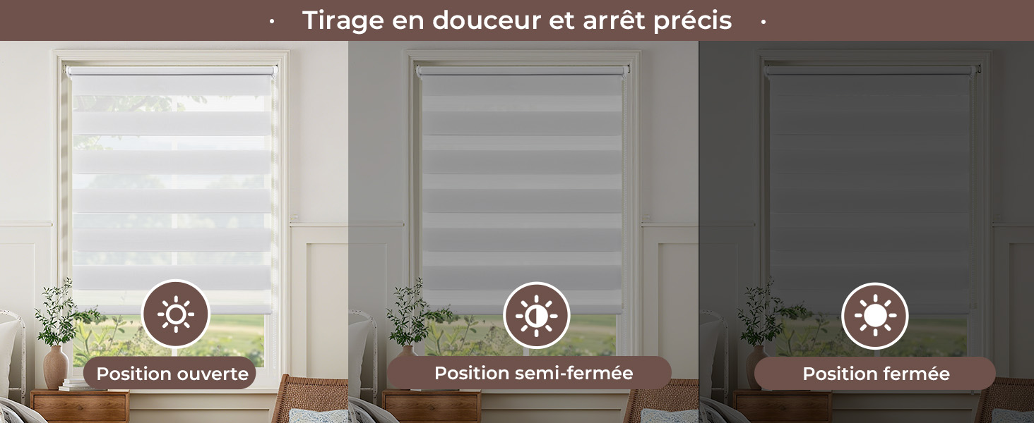 Plusieurs vues des espaces intérieurs montrant différentes conditions d'éclairage et différents traitements de fenêtres, avec des icônes circulaires dans les coins suggérant des options sélectionnables.