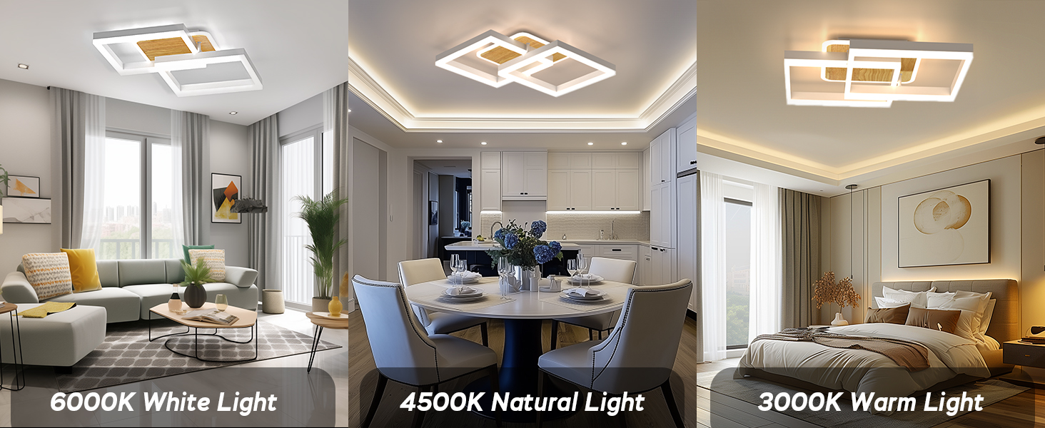 Drei Innenraumszenen mit LED-Deckenleuchten in verschiedenen Farbtemperaturen: 6000 K weißes, 4500 K natürliches und 3000 K warmes