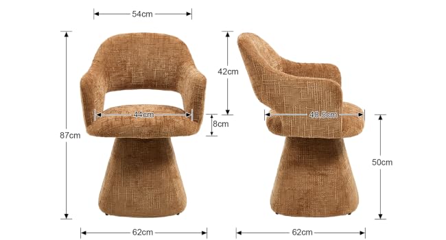 Technical diagram showing measurements of a curved chair design. Dimensions shown include 42cm height and 62cm width, with multiple viewing angles of the same brown textured chair.