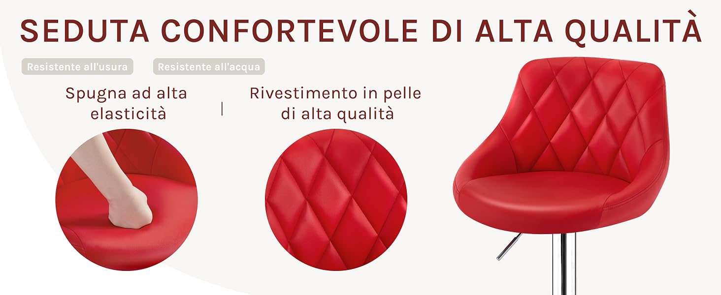 Sedia trapuntata rossa con caratteristiche di alta qualità: sedile in spugna altamente elastica e rivestimento in pelle di alta qualità. Tre pannelli mostrano i dettagli della sedia e la dimostrazione