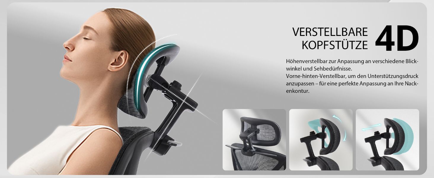 Der Text lautet „VERSTELLBARE KOPFSTÜTZE 4D“. Produktwerbung mit verstellbarer Kopfstütze mit mehrfacher Winkelverstellung, dargestellt auf drei Produktfotos mit türkisfarbenen und schwarzen Komponenten.
