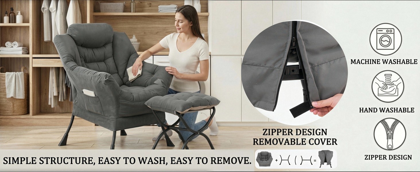 Text reads 'SIMPLE STRUCTURE, EASY TO WASH, EASY TO REMOVE', 'ZIPPER DESIGN REMOVABLE COVER', 'MACHINE WASHABLE'. Gray upholstered armchair with footrest shown from multiple angles, features removable cover.