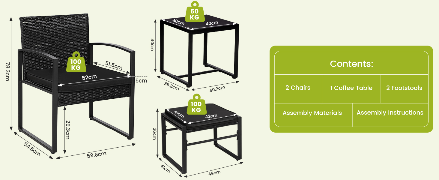 Le texte indique « Cordiaux » sur un panneau vert. Ensemble de mobilier d'extérieur à structure métallique noire présentant un fauteuil et une table d'appoint sous plusieurs angles avec des sièges rembourrés. Les spécifications du produit figurent sur le panneau d'information vert.