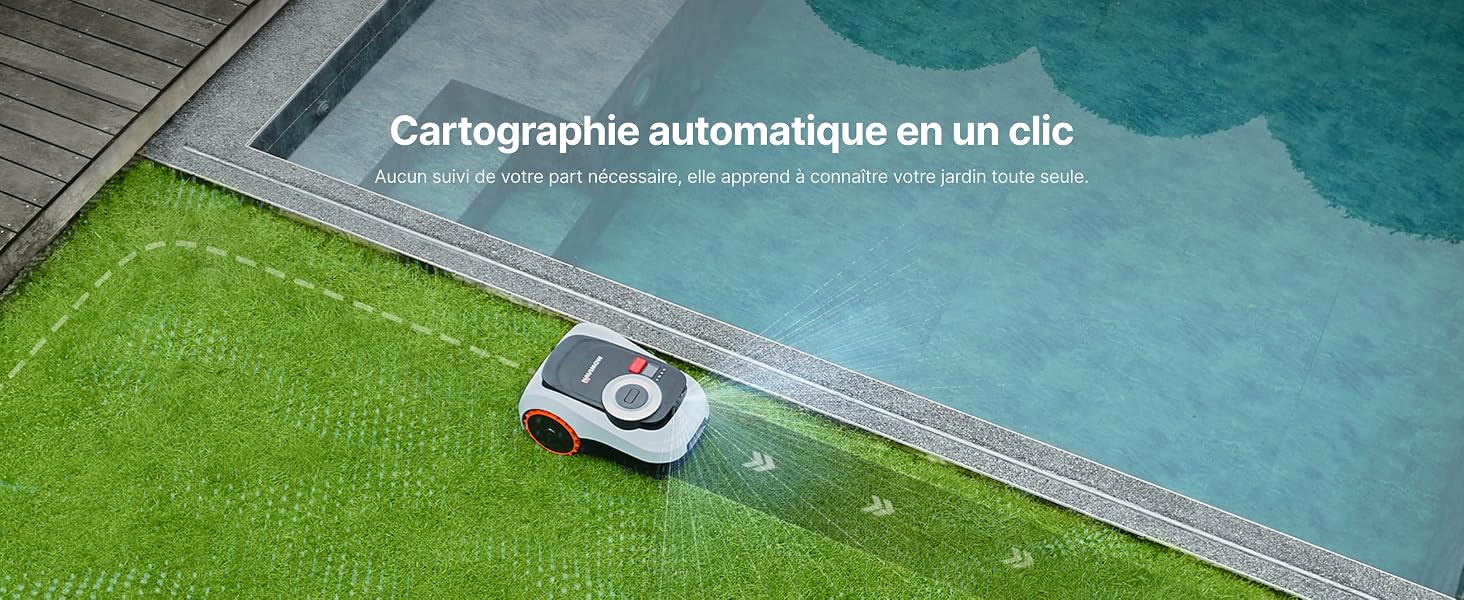 Le texte indique « Cartographie automatique en un clic ». Vue aérienne montrant le bord de la piscine et de la pelouse, avec un appareil de mesure ou de cartographie visible.