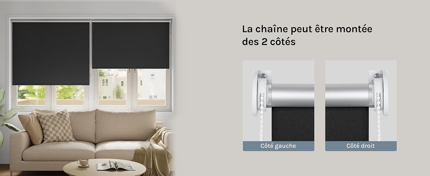 Le texte se lit comme suit : « La chaîne peut être montée dès 2 côtes ». Installation de parure de fenêtre montrant un système de double store enrouleur monté sur le cadre de la fenêtre avec des options de configuration côte à côte.