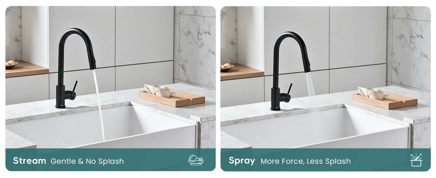 Side-by-side comparison of black kitchen faucet demonstrating two water flow modes. Text reads 'Stream' and 'Spray' with descriptive subtitles.