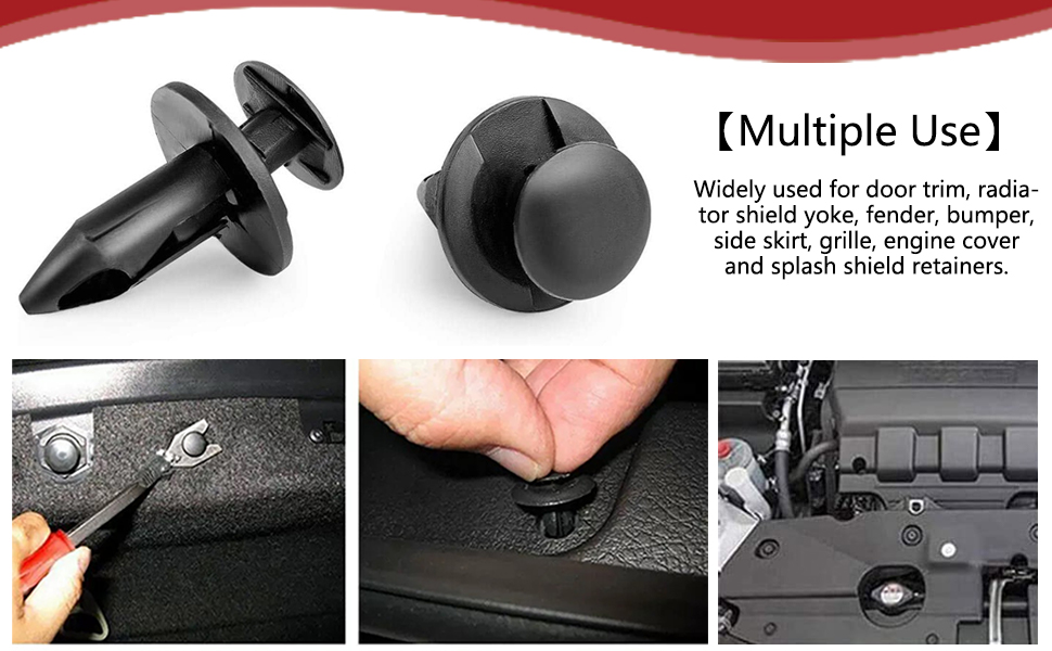 Black plastic fasteners for automotive use. Multiple views show installation in car panels. Text indicates usage for door trim, radiator shield parts, fender, bumper, and splash shield fasteners.