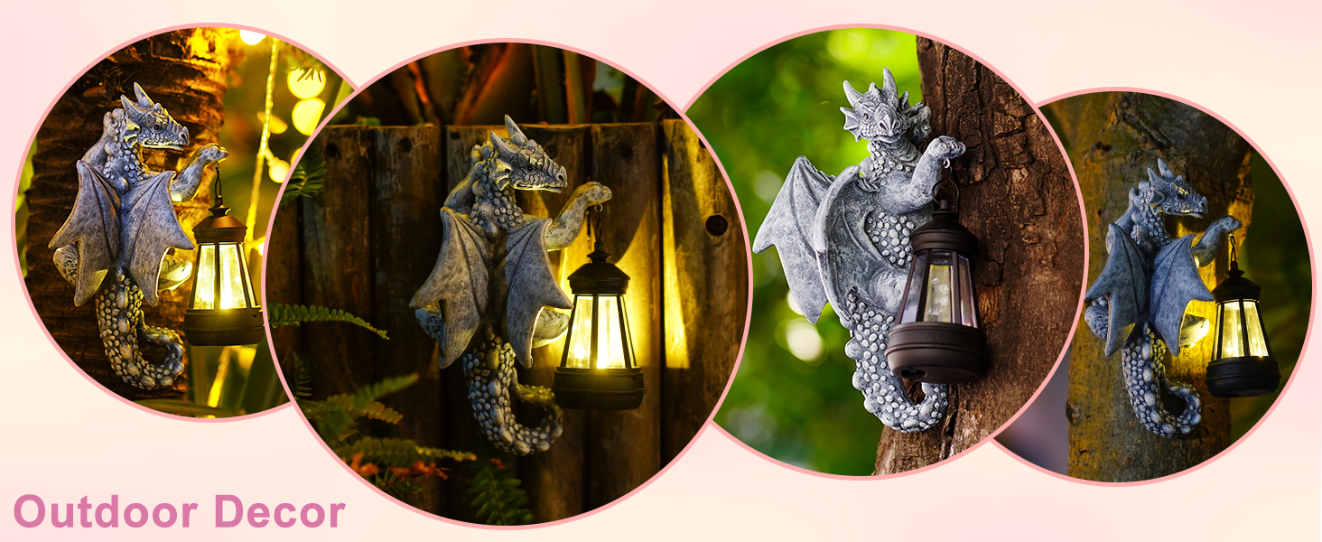 Figurines de dragons avec lampes solaires - Tronc d'arbre - Décoration de jardin pour l'extérieur