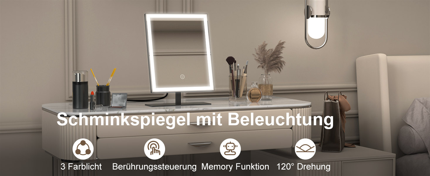 Beleuchteter Schminkspiegel mit LED-Beleuchtung auf der Tischplatte, Touch-Bedienung und 120°-Drehbarkeit.