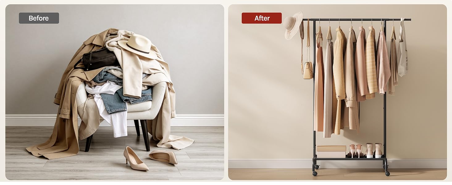 Two storage solutions: left image shows beige/tan fabric items in basket on floor; right image shows clothing rail with garments hanging, labeled with red square containing white text, demonstrating organization and storage display options.